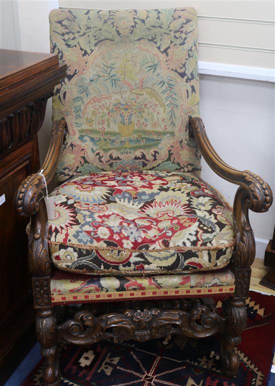 A 17th century Flemish style walnut armchair, W.2ft 3in. D.2ft 8in. H.3ft 6in.